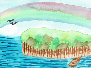 Rainbow Over the Sea, Hand Drawn Water Color Drawing