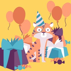 Happy birthday celebration party, vector illustration. Cute little tiger in party hat, gift boxes and balloons. Birthday greeting card for children, family event invitation