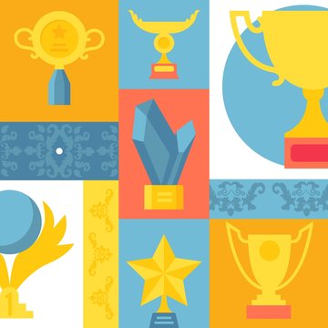Trophy icons in colorful collage, vector illustration. Set of stickers and emblems in flat style. Sport competition first prize, golden cup, contest award