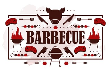 Barbecue icons on typography poster, vector illustration. Grill party invitation, bbq cookout event announcement. Barbeque meat restaurant menu cover, butcher shop