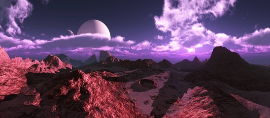 Canyon, alien landscape, surface of Mars, sunset on another planet, 3D rendering © ustas