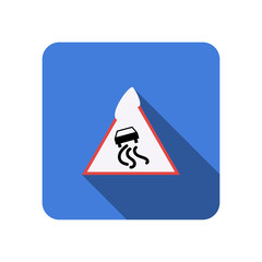 isolated triangular winter slippery road sign with long shadow flat vector design