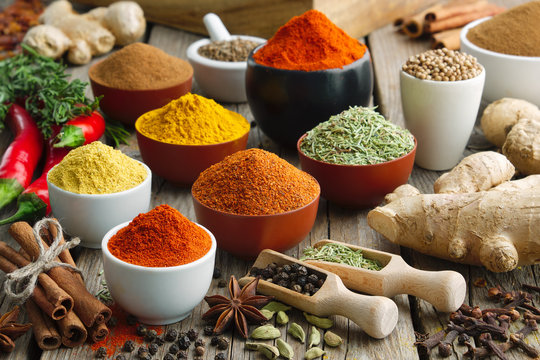 Various aromatic colorful spices and herbs. Ingredients for cooking..Ayurveda treatments.