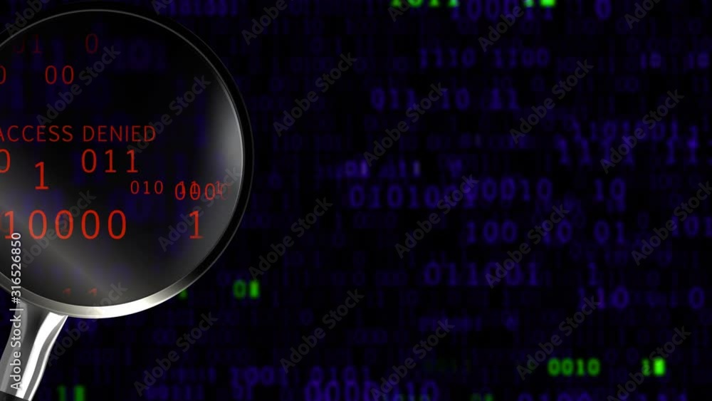 Poster searching for information in data binary code online by a magnifying glass