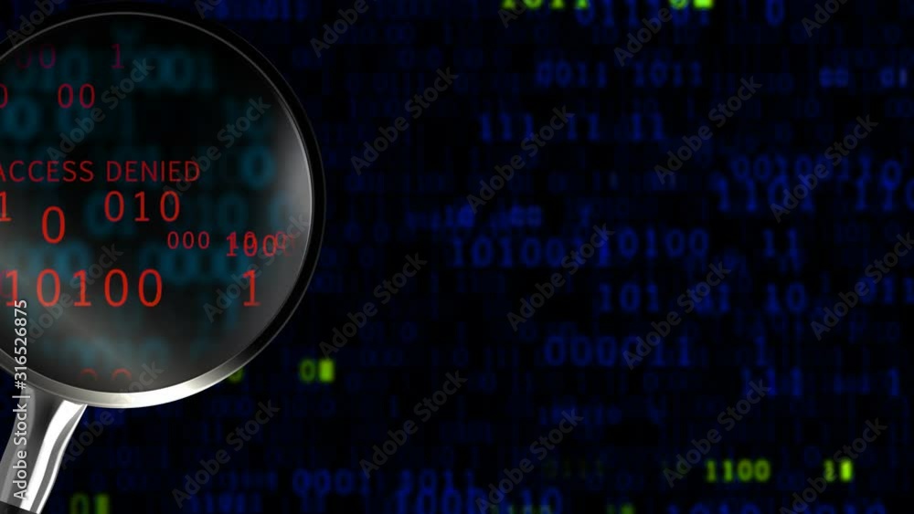Poster searching for information in a blue data binary code online by a magnifying glass