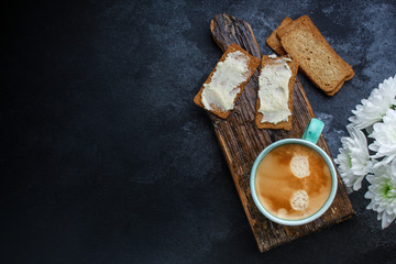 Obraz na płótnie Canvas healthy breakfast coffee and sandwich, (delicious snack) menu concept. food background. top view. copy space