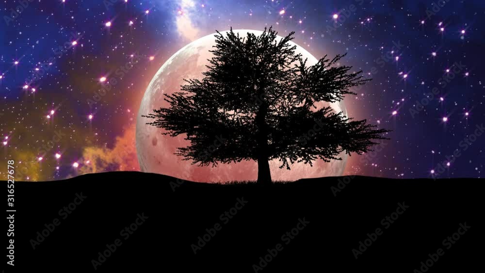 Poster fantasy 3d animation of the moon planet on nebula background and tree silhouette. elements of this i
