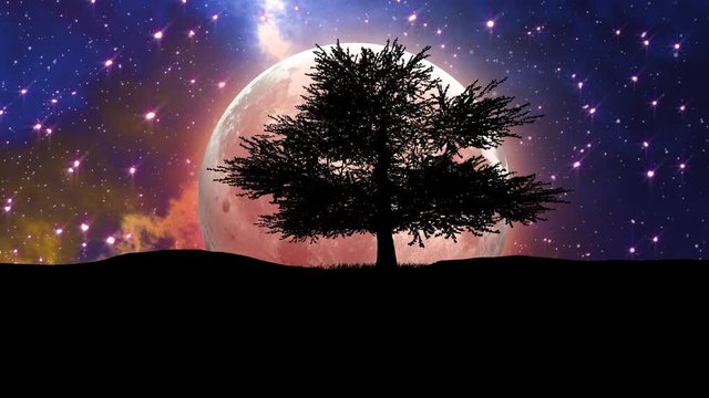 Fantasy 3d animation of the Moon planet on nebula background and tree silhouette. Elements of this image furnished by NASA.