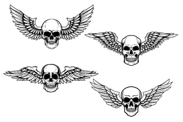 Set of illustrations of winged skull isolated on white background. Design element for poster, card, banner, sign. Vector illustration