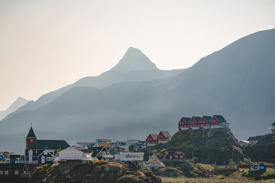 Colourful little Arctic town Sisimiut in Greenland,Qeqqata Municipality, aka Holsteinsborg . Second largest city in Greenland. Overview of port area and Sisimiut Museum, a collection of historic