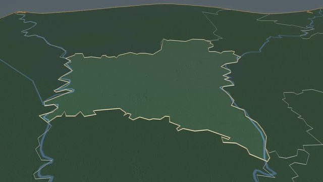 Al Gharbiyah, governorate with its capital, zoomed and extruded on the relief map of Egypt in the conformal Stereographic projection. Animation 3D