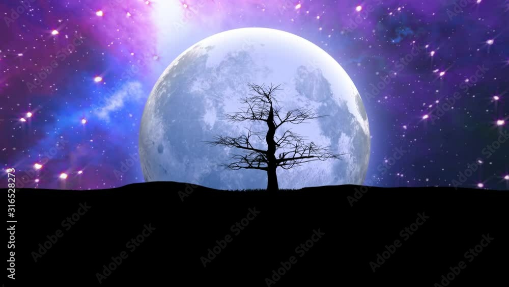 Poster dark tree silhouette with a glowing moon on an abstract sky universe background. elements of this im