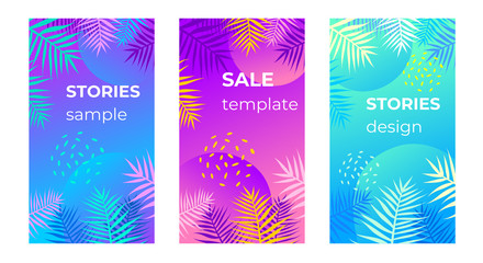 Neon gradient background frame with palm leaves. Vector set. Iridescent hologram effect design. Tropical plants, trees pattern. Mobile display, stories sale templates social media, with copy space.