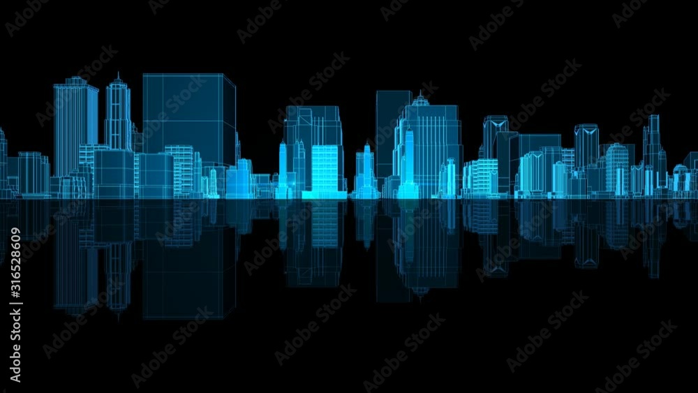 Poster a flight through a holographic 3d rendering of a sci-fi virtual city with many crystalline buildings
