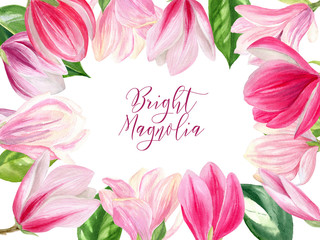 a picture with pink Magnolia flowers, a Golden outline of flowers and a place for your signature on a white background