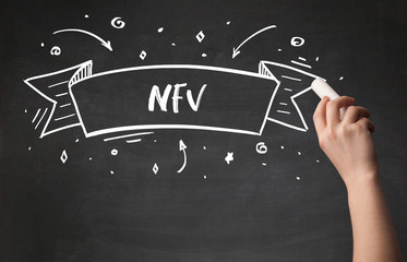 Hand drawing NFV abbreviation with white chalk on blackboard