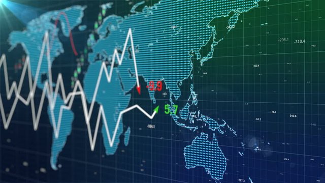 A perspective view of Business candle stick graph chart of stock market investment trading in the world wide map background design.
