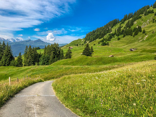 Scenic view of Swiss Alps in Grindelwald, a road through the mountains, Switzerland