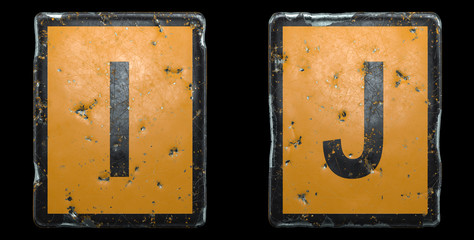 Capital letter set I, J made of public road sign orange and black color on black background. 3d