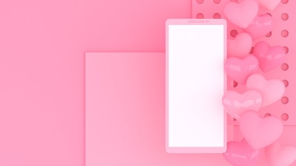 Smartphone 3d illustration. Hearts background. Valentines day banner design. Pastel pink hearts. Love symbol wallpaper. Romantic poster.