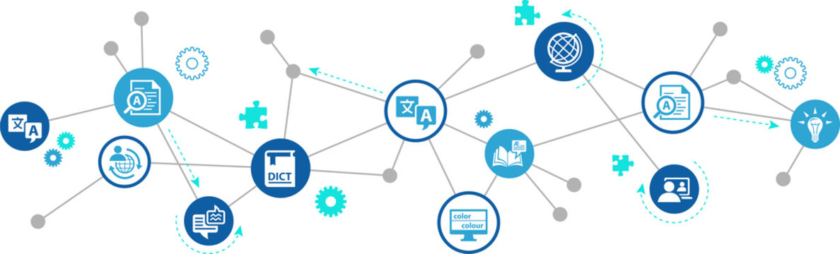 Translation And Language Learning Vector Illustration. Abstract Concept With Connected Icons Showing Aspects Of International Communication, Language Study Or Digital Translation.