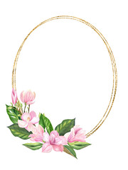 finished image of a Golden oval with pink Magnolia flowers and green leaves with a place for your signature, watercolor
