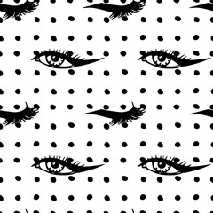 Hand drawn illustration. Seamless  pattern with Doodle elements,  closed and open female eye, dots. For  textiles, cosmetics, and makeup.
