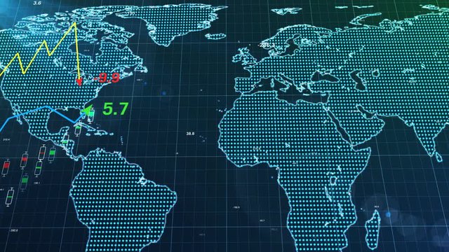 Abstract motion animation of Stock market and exchange of world. Candle stick graph chart of stock market investment trading in perspective view on a world map background.