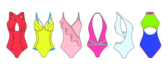 Swimming suits set. Doodle bikini. One piece swimsuits collection. Ladies clothes for summer vacation. Bikini sketch. Swimwear fashion.