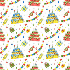 Birthday seamless pattern with watercolor cakes for greeting card, background, postcard, invitation, cover, wallpaper. Hand drawn cute sweets for holiday, party. Textile print 