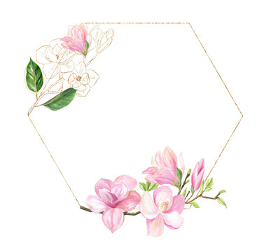the finished image of a hexagonal gold frame with pink Magnolia branches, green leaves on a white background, there is a place for your signature