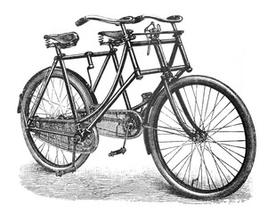 Fototapeta na wymiar Antique tandem bicycle / old Antique illustration from Brockhaus Konversations-Lexikon 1908