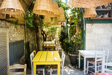  Typical greek patio. Greece, Kos. Patio  with flowerpots.