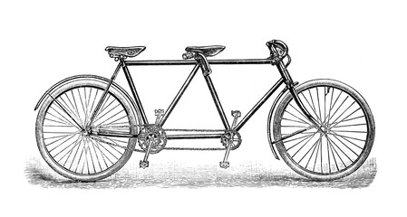 Old tandem bicycle /old Antique illustration from Brockhaus Konversations-Lexikon 1908 - obrazy, fototapety, plakaty