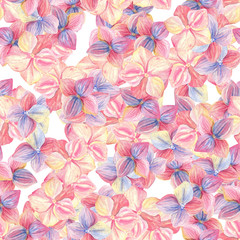 finished image of a seamless pattern of small open buds of pink, blue and purple flowers, watercolor