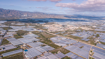 Drone aerial view of the greenhouses in the region of Andalusia  spain .