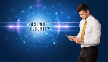 Businessman thinking about security solutions with PASSWORD SECURITY inscription