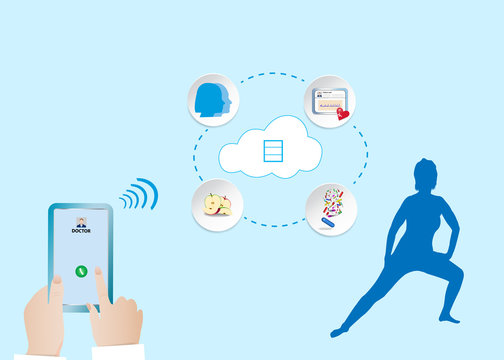 Digitization of health prevention vector showing connection of silhouette of fitness exercising woman and doctor through cloud. All potential trademarks are removed.