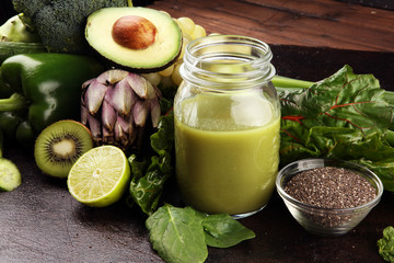Healthy green smoothie and ingredients - detox and diet for health