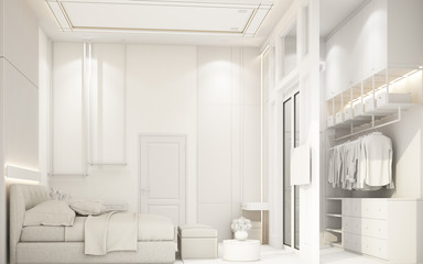 Fototapeta na wymiar modern white bedroom with furniture in townhouse 3d rendering