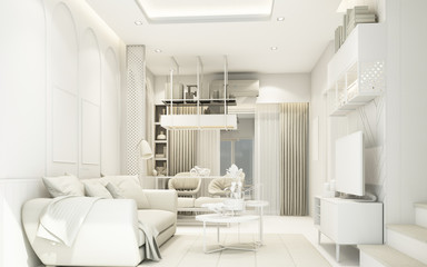 modern white living area with furniture in townhouse 3d rendering