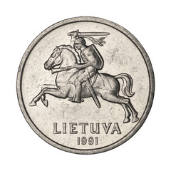 Fototapeta na wymiar Lithuanian coin one centas from 1991