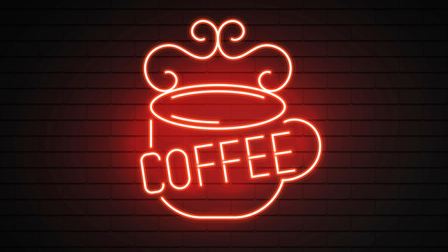 Neon Coffee Mug On A Brick Wall . Sign For Cafes, Restaurants, Bars