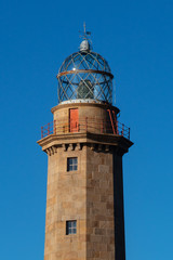 Detalle de la torre del Faro de Cabo Vilan. Galicia, España.