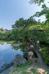 Japanese style garden and lake in Shitennoji Temple in Osaka, Japan