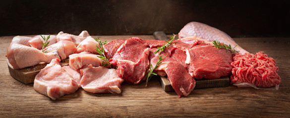 various types of fresh meat: pork, beef, turkey and chicken