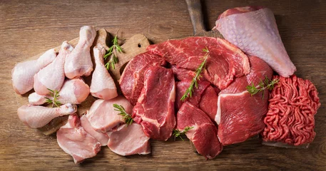 Fotobehang various types of fresh meat: pork, beef, turkey and chicken,  top view © Nitr