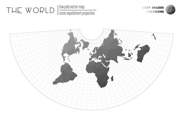 Low poly world map. Conic equidistant projection of the world. Grey Shades colored polygons. Energetic vector illustration.