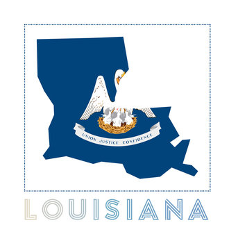 Louisiana Logo. Map of Louisiana with us state name and flag. Superb vector illustration.