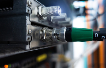 Telecommunication TV cable. Communication and internet network server close up. 